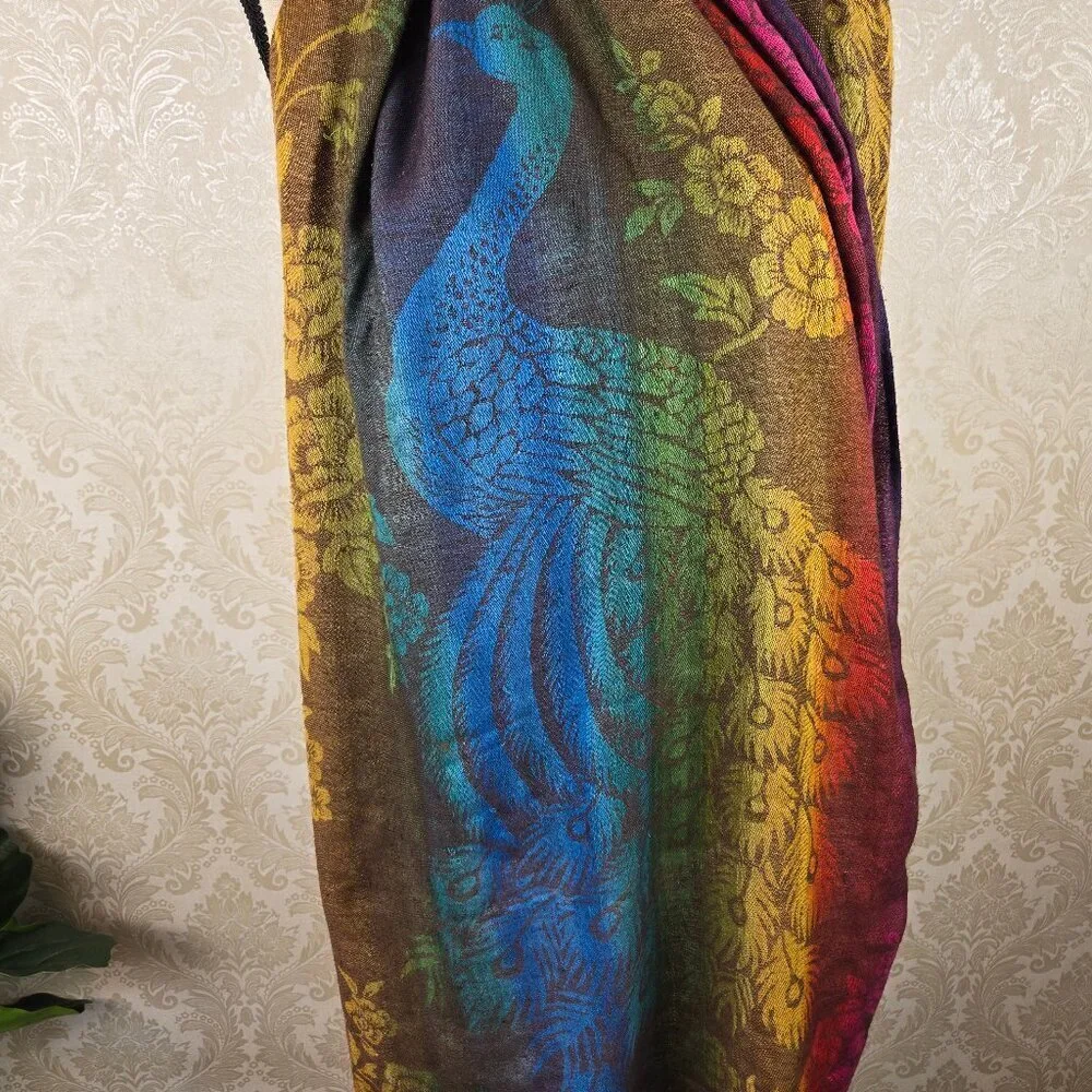 Mulitcolor Rainbow Peacock Floral Themed Oblong Scarf Fringed Ends Lightweight